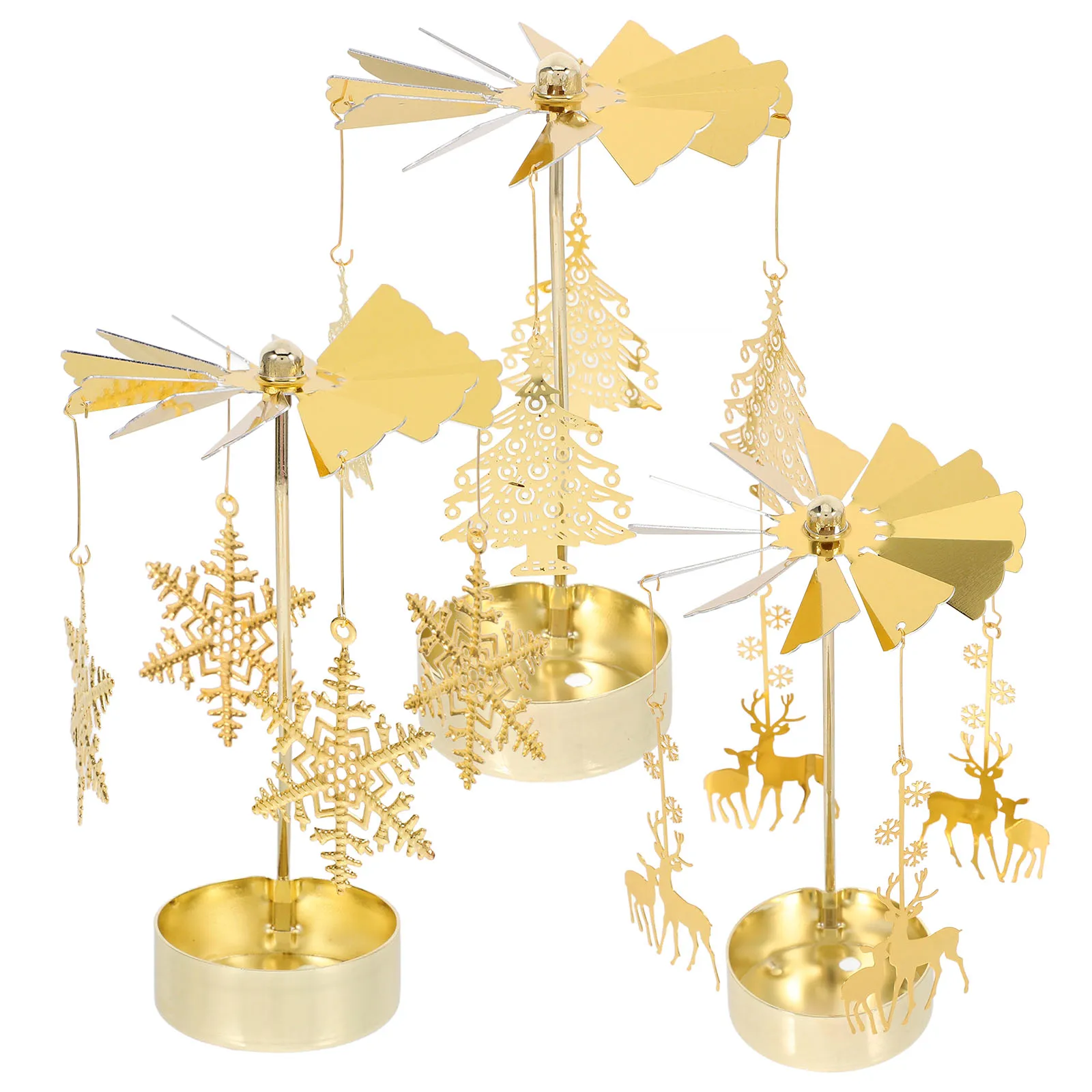 

3pcs Rotating Carousel Holder Golden Metal Windmill for Christmas Decor Tealight Stand Home Accessories