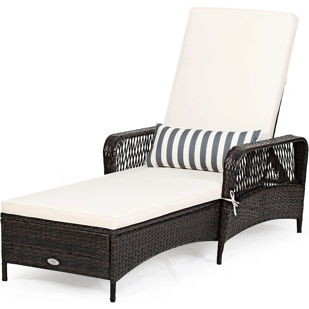 

Patio Wicker Chaise Lounge Chair, Outdoor Rattan Reclining Chaise w/ 6-Gear Adjustable Backrest, Thick Padded Cushion