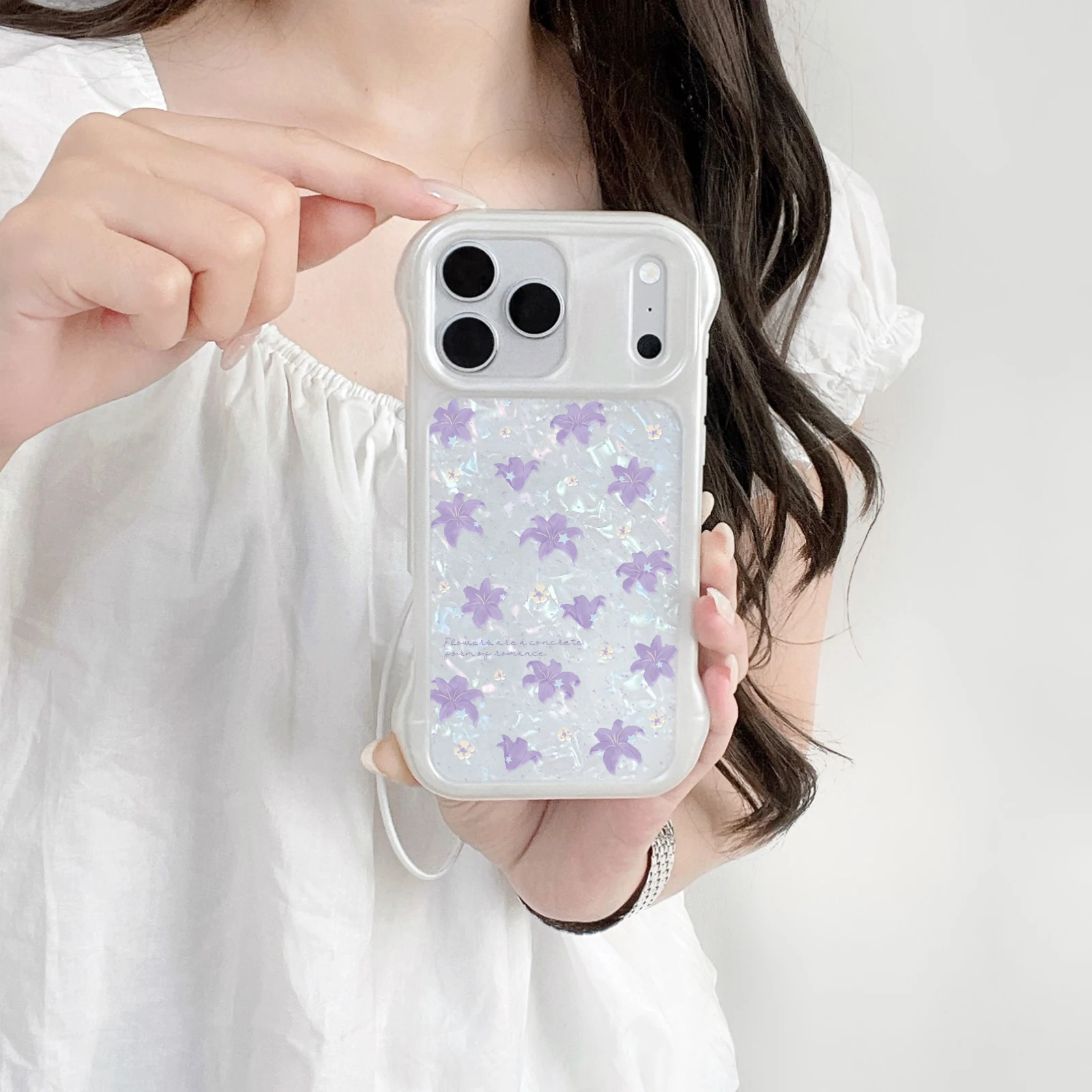 Kawaii Light Purple Lily Flower Mirror Phone Case White Wavy Edge Soft TPU Anti-Fingerprint Cover For iPhone 13-17 Pro Max