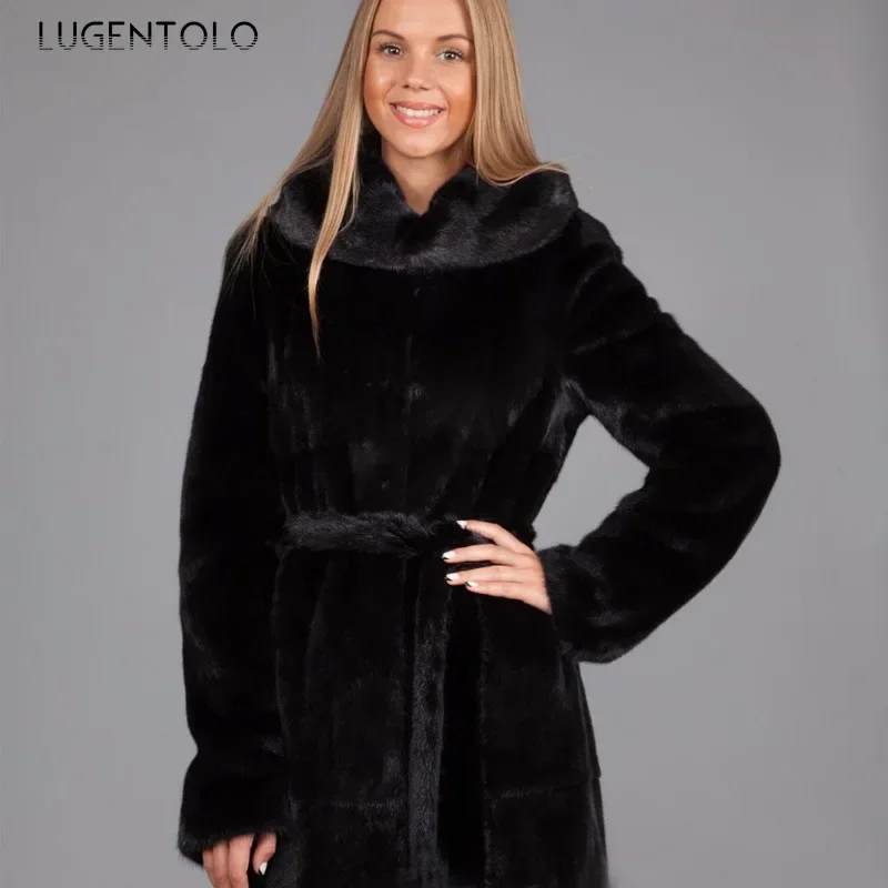 Lugentolo-Casaco com capuz de pele sintética quente feminino, macio e longo outwear, casaco elegante de senhora, preto, qualidade, novo, casual, rua, outono, inverno