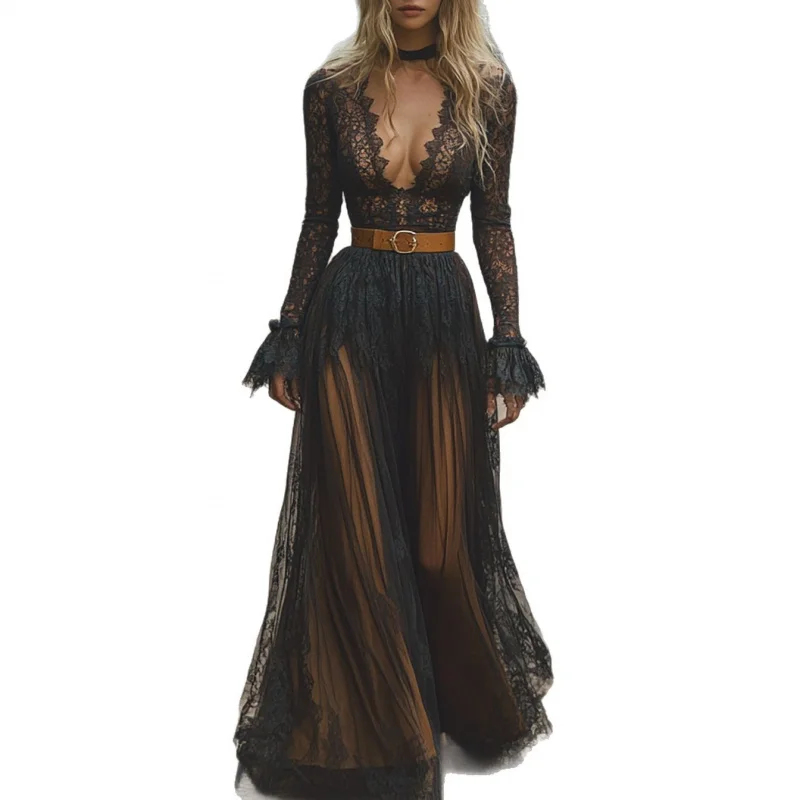 

Women's European Size V-Neck Sleeve Pastoral Style Lace Vintage Long Dress Elegant Country Chic Full-Length Gown