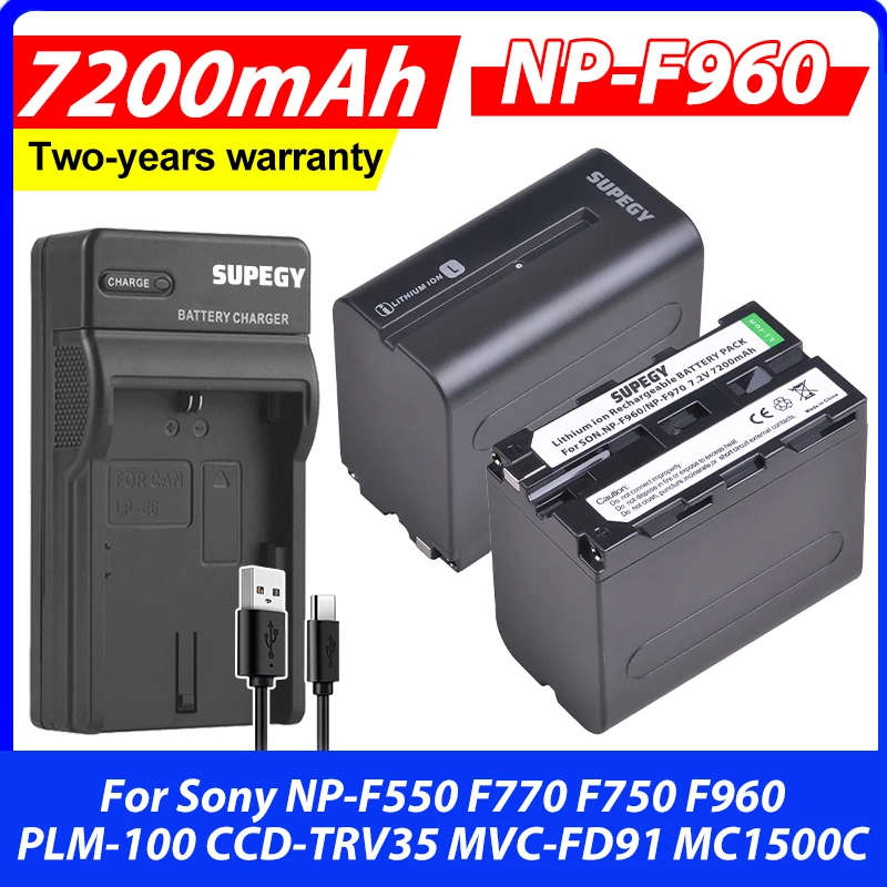 2Pc 7200mAh NP-F960 NP F970 Li-ion Battery + USB Charger for Sony NP-F550 F770 F750 F960 PLM-100 CCD-TRV35 MVC-FD91 MC1500C