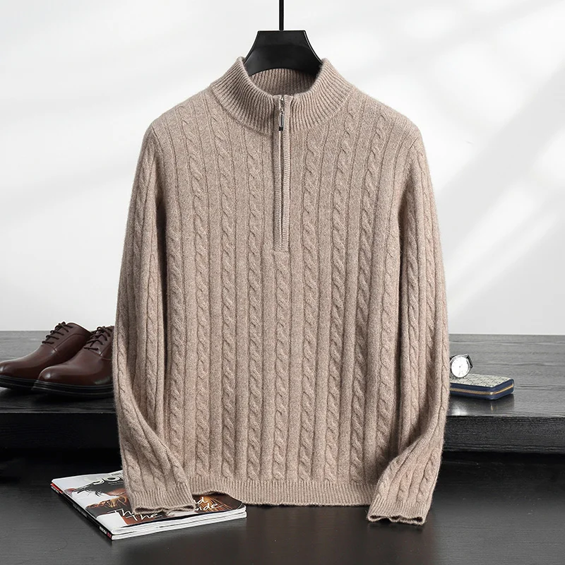 Autumn And Winter New 100% Cashmere Sweater Men's Long-Sleeved Pullover Casual Semi-High Round Neck Knitted Bottoming Coat.