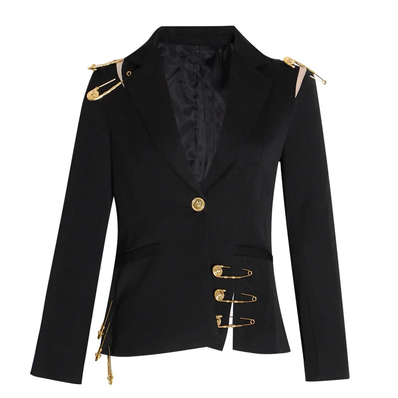 British Spring Women's Blazers Gold Big Pin Cropped Blazer Black Long Sleeve Single Button Jacket Slim New Outerwear Trend Suits