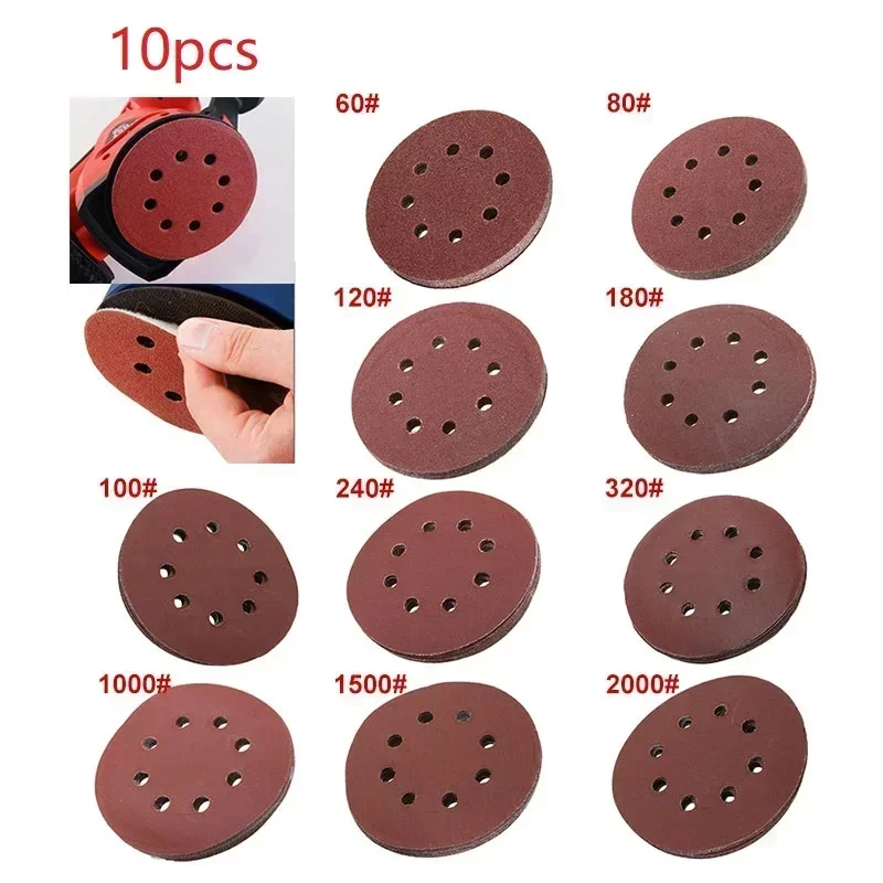 Discos de lixa Hook Loop, Lixa Pads Set, Polimento De Madeira, 8 Buracos, 40-2000 #, 125mm, 5 ", 10Pcs