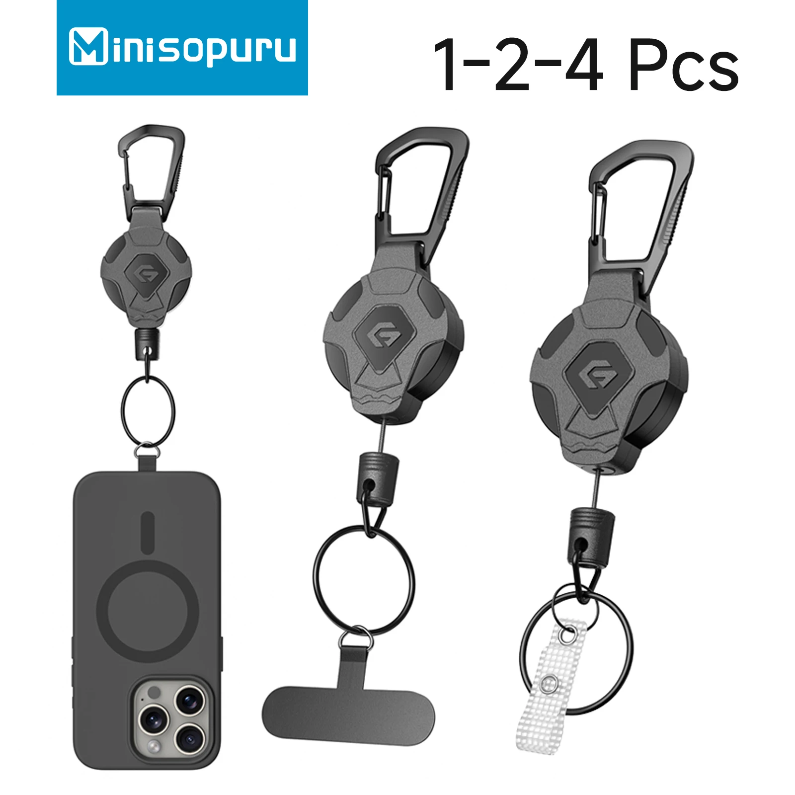 Minisopuru Retractable Keychain Heavy Duty With Phone clip fastener Tactical ID Badge Reel Strap Holder Retractable Cord KeyRing
