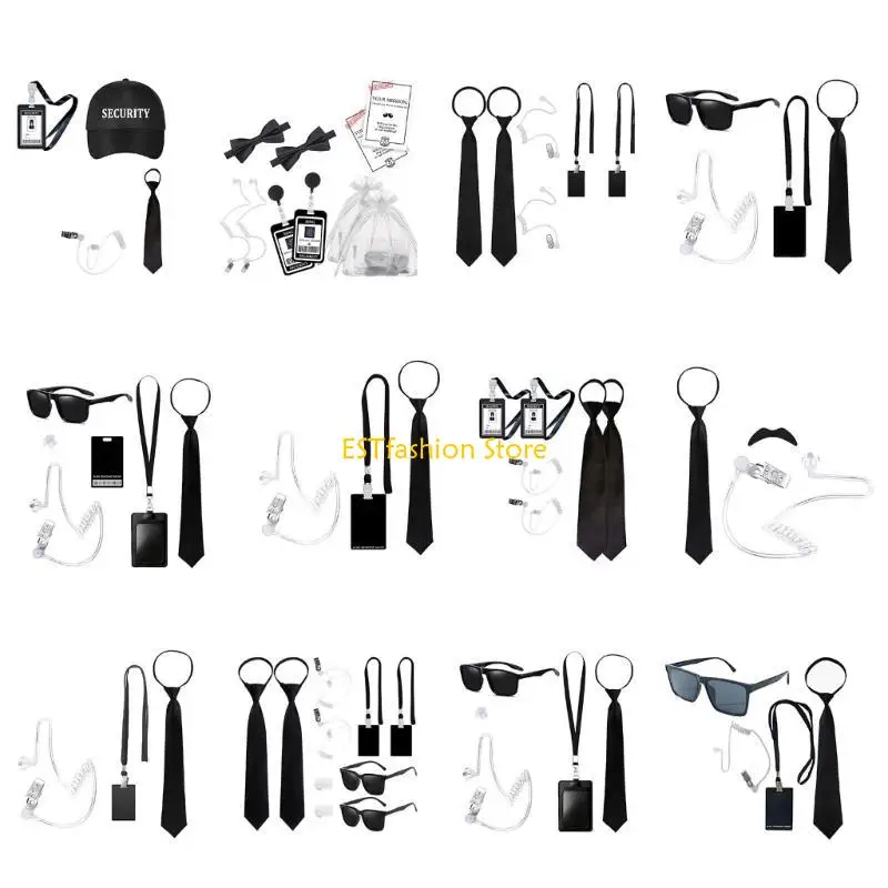 Y5GC Secret Security Guard Costume Accessory For Adult Kid Role Play Halloween Dress up including Glasses Earpiece Neck Tie