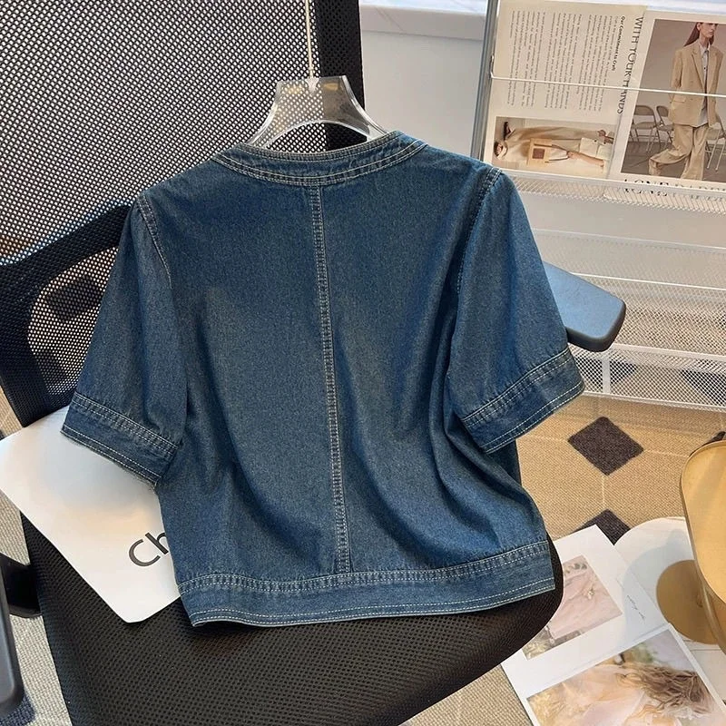 Women's High-Waisted European Denim Shirt Summer round Neck Short-Sleeved Outwear Casual Retro Hong Kong Style Top