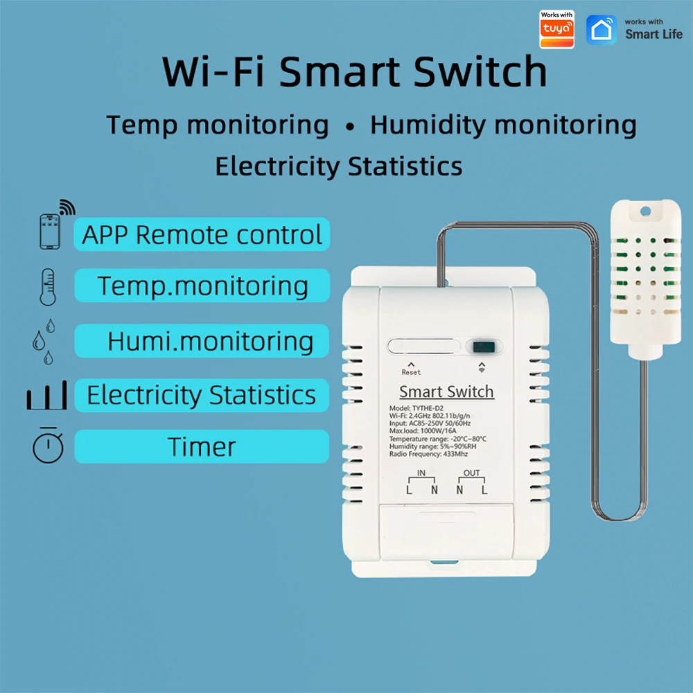 16A 1000W WiFi Temperature Humidity Sensor Switch Smart Power Monitor Controller Work with Tuya Alexa