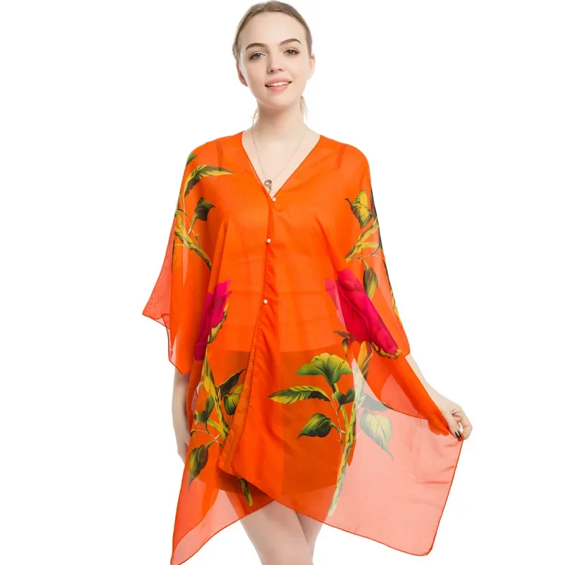 2024 Summer Poncho Capes Cycling Sunshade Shawl Women Silk Scarf New Chiffon Printing Sunscreen Lady Shawl Cloak Orange