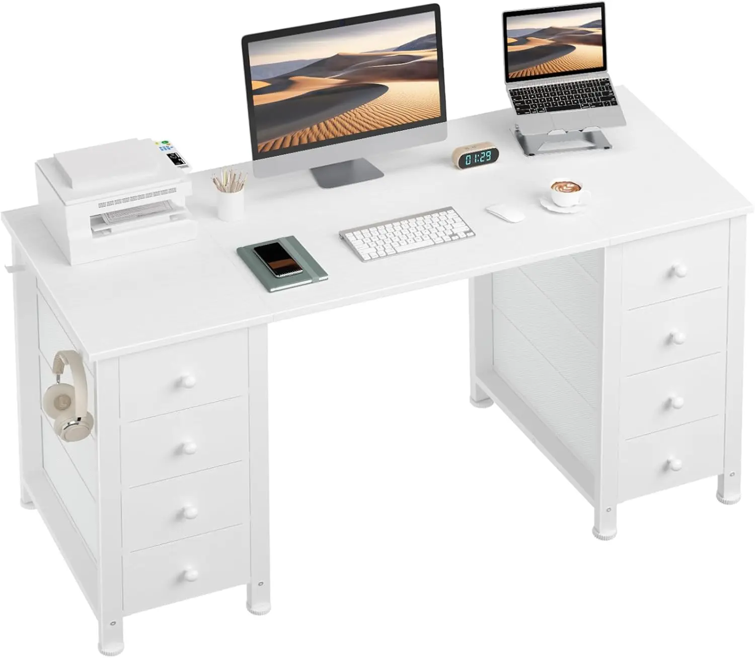 White Computer Desk with Drawers for Storage - 55 Inch Home Office Desk W/ 8 Fabric Drawers, Writing Study Desk