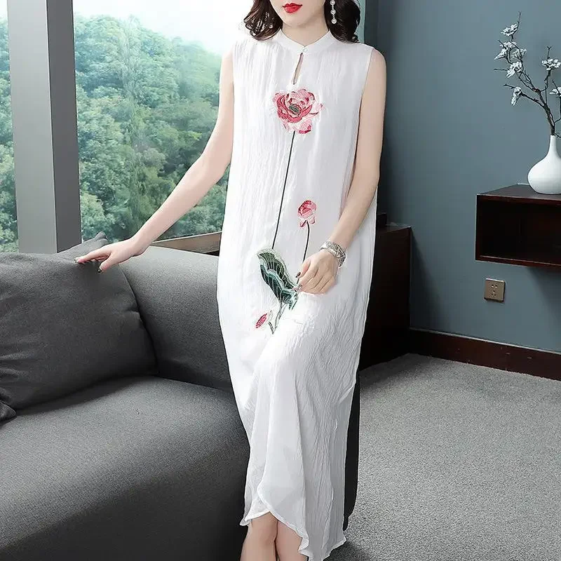 1 pcs/lot chinese style woman Embroidered Cheongsam Sleeveless Vest Chiffon Dress Woman Dress print dress