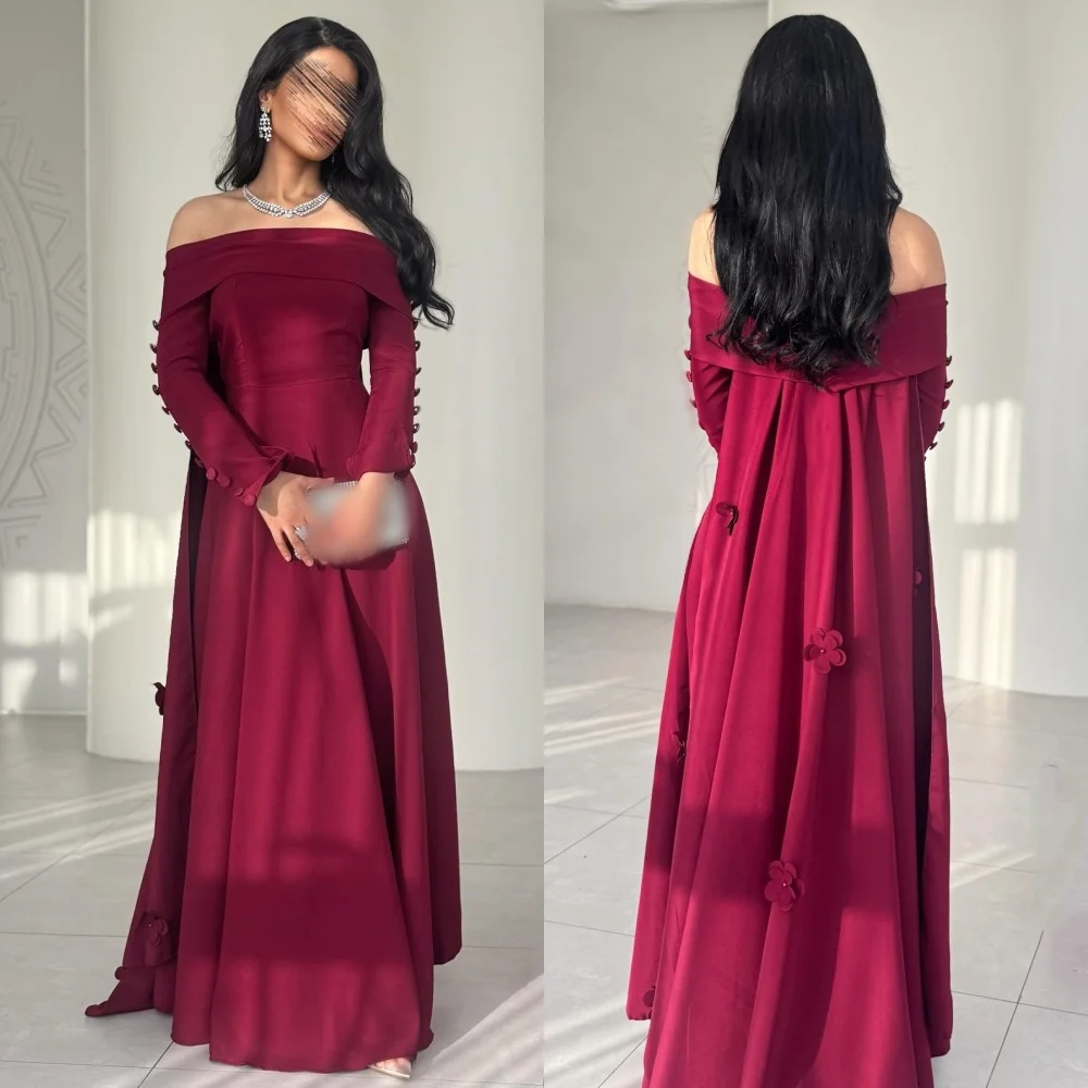 

Customized Jersey Pleat Button Applique Off-the-shoulder A-line Long Dresses Bespoke Occasion Prom Evening Party High Quality