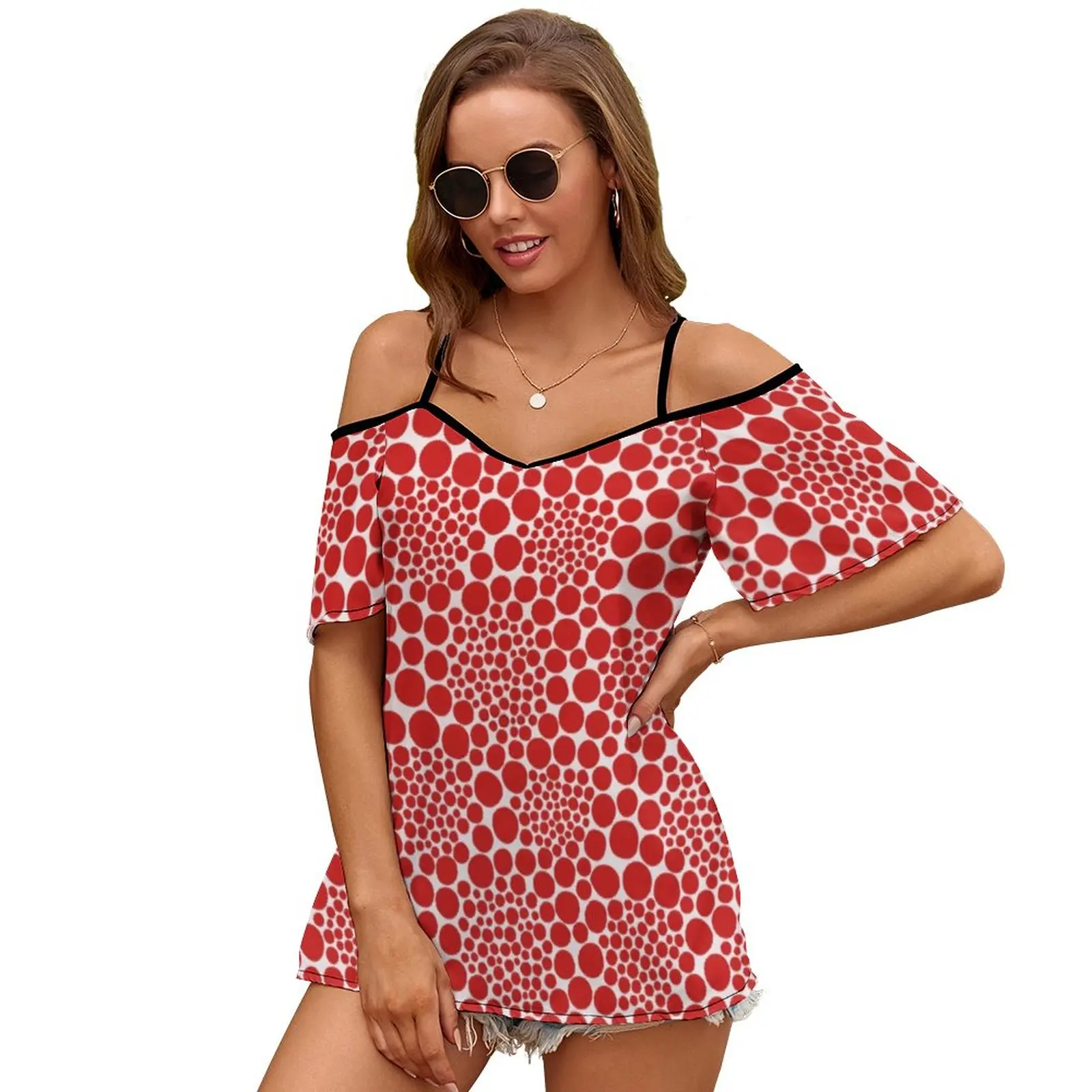 Yayoi Kusama Polka Dots Red Popular Women's T-Shirt New Fashion Printed Zipper V-Neck Short Sleeve T Shirts Casual Plus Size