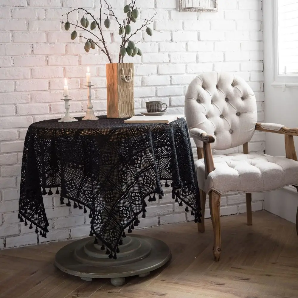 

Cotton Crochet Tablecloth Rectangle Black Hollow Handmade Vintage Lace Table Cloth Cover Towel For Home Kitchen Decor