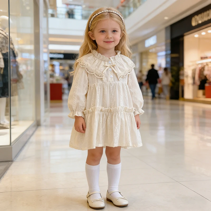 Girls Dress Baby Girls Sweet Girl Dress Ruffle Trim Long Sleeve Dress Lace Collar Going Out Casual Dresses Gift Little Clothes