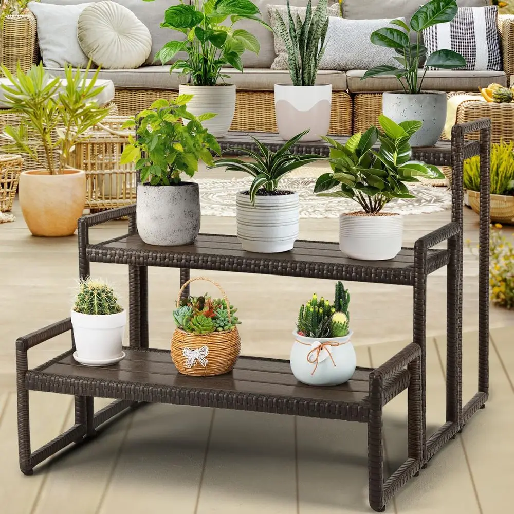 

Outdoor Plant Stand 3 Tier Shel or Patio lower Pot Planter Stand Holder with Wicker Poly Lumber Shelves Multiple Tall Tiered Pla