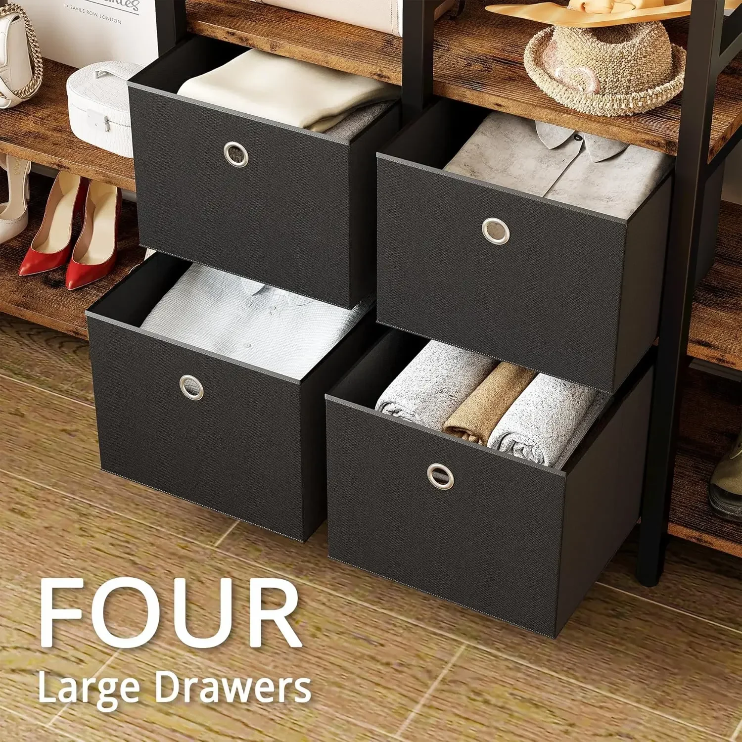 Garment Racks with Shelves 4 Drawers and 8 Hooks Heavy Duty Closet Organizer for Hanging Clothes, Freestanding Closet Wardrobe R