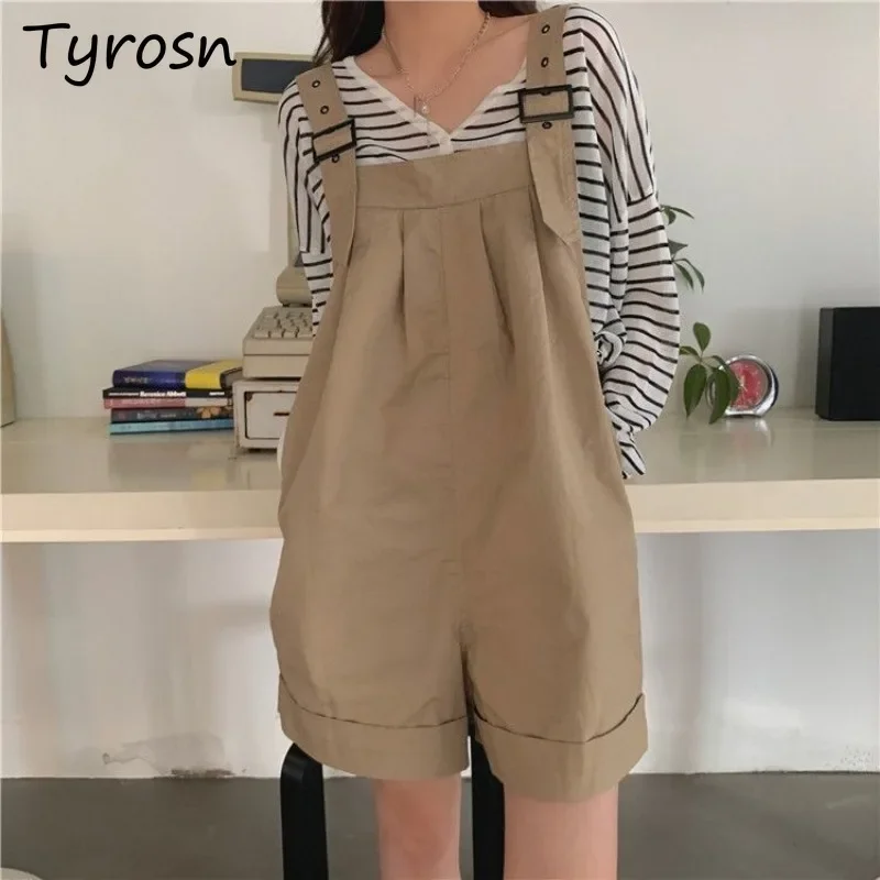

Summer Rompers Women Preppy Style Casual Students Kawaii Sweet European Fashion Playsuits Streetwear Solid Pocket High Waist