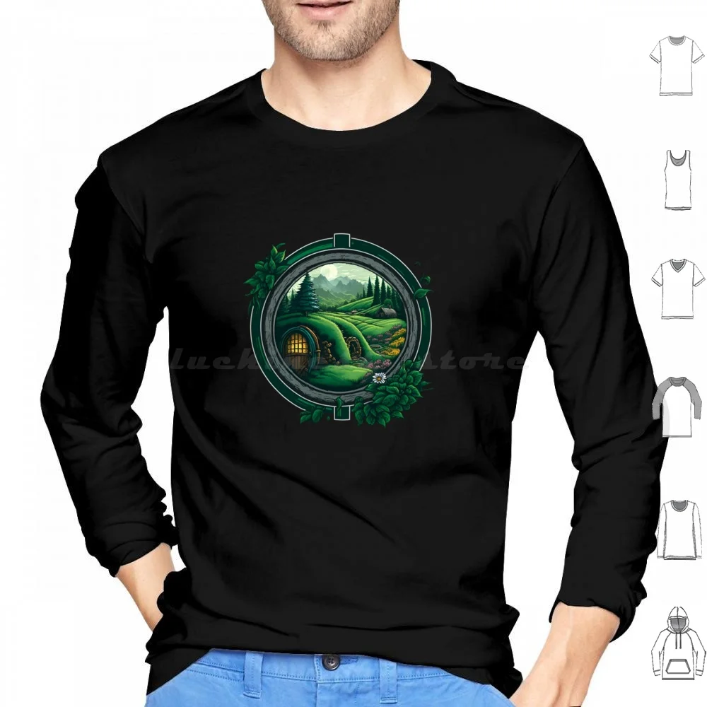 Round Doors And Green Pastures-Fantasy Hoodies Long Sleeve Fantasy Lonely Mountain Mountain Gandalf Frodo Bilbo Baggins