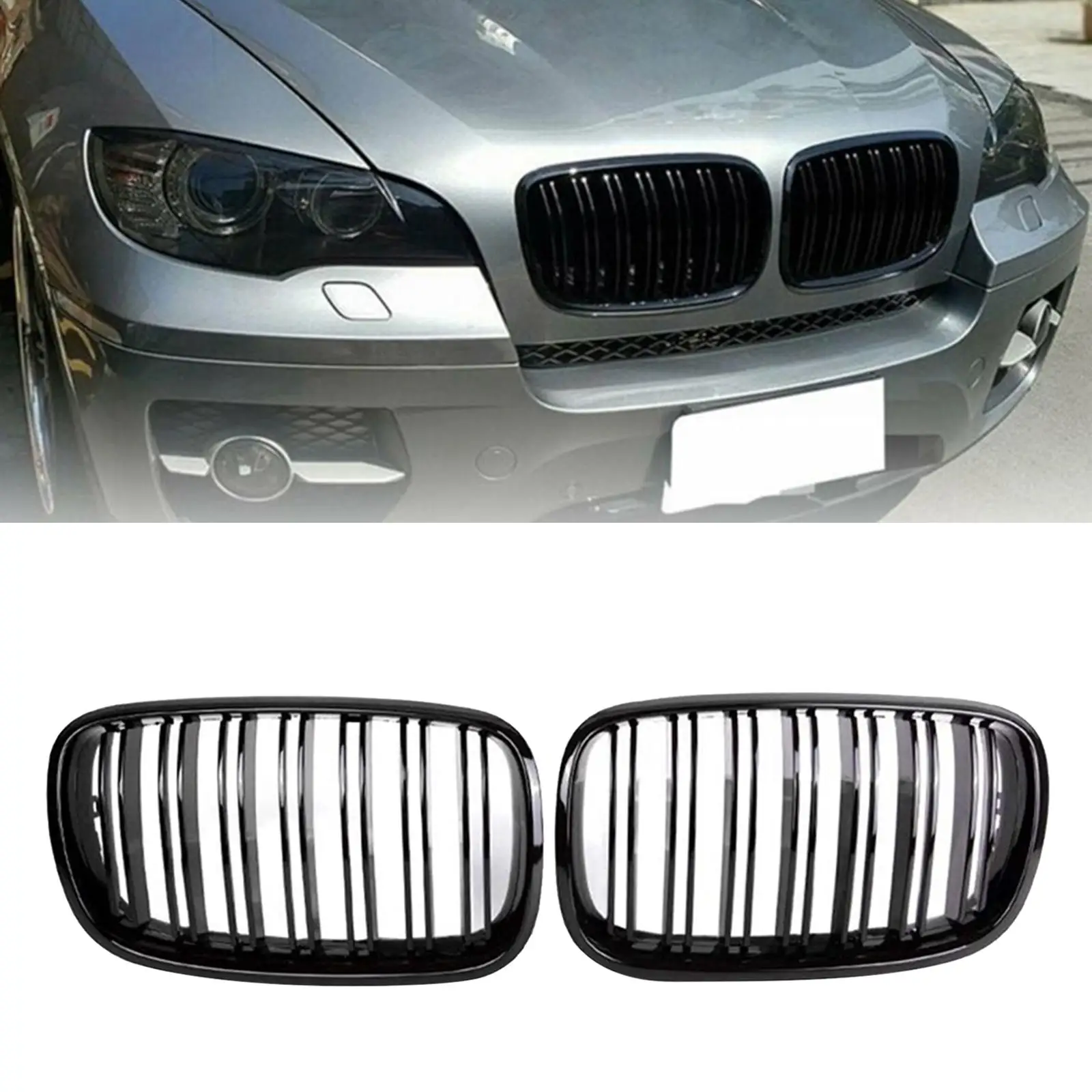 Front Double Line Grille for BMW E70 X6 X5M X6M 2007-2013 2-Pc Set