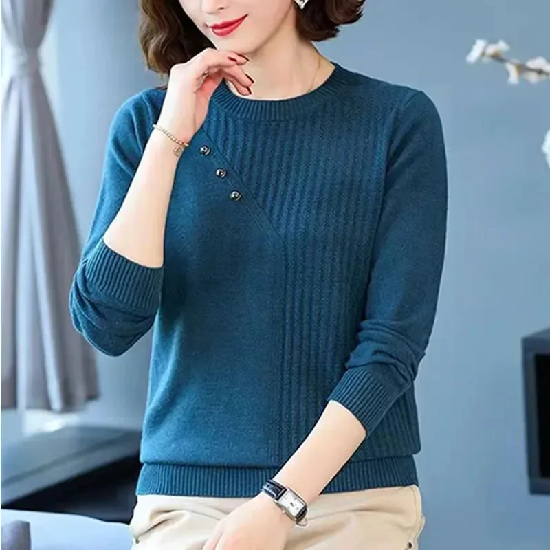 

2024 Autumn New Women's Round Neck Long sleeved Sweater Knitwear 100% Wool Jumper Female Pullover Solid Color Top