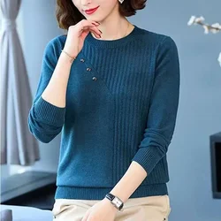 2024 Autumn New Women's Round Neck Long sleeved Sweater Knitwear 100% Wool Jumper Female Pullover Solid Color Top