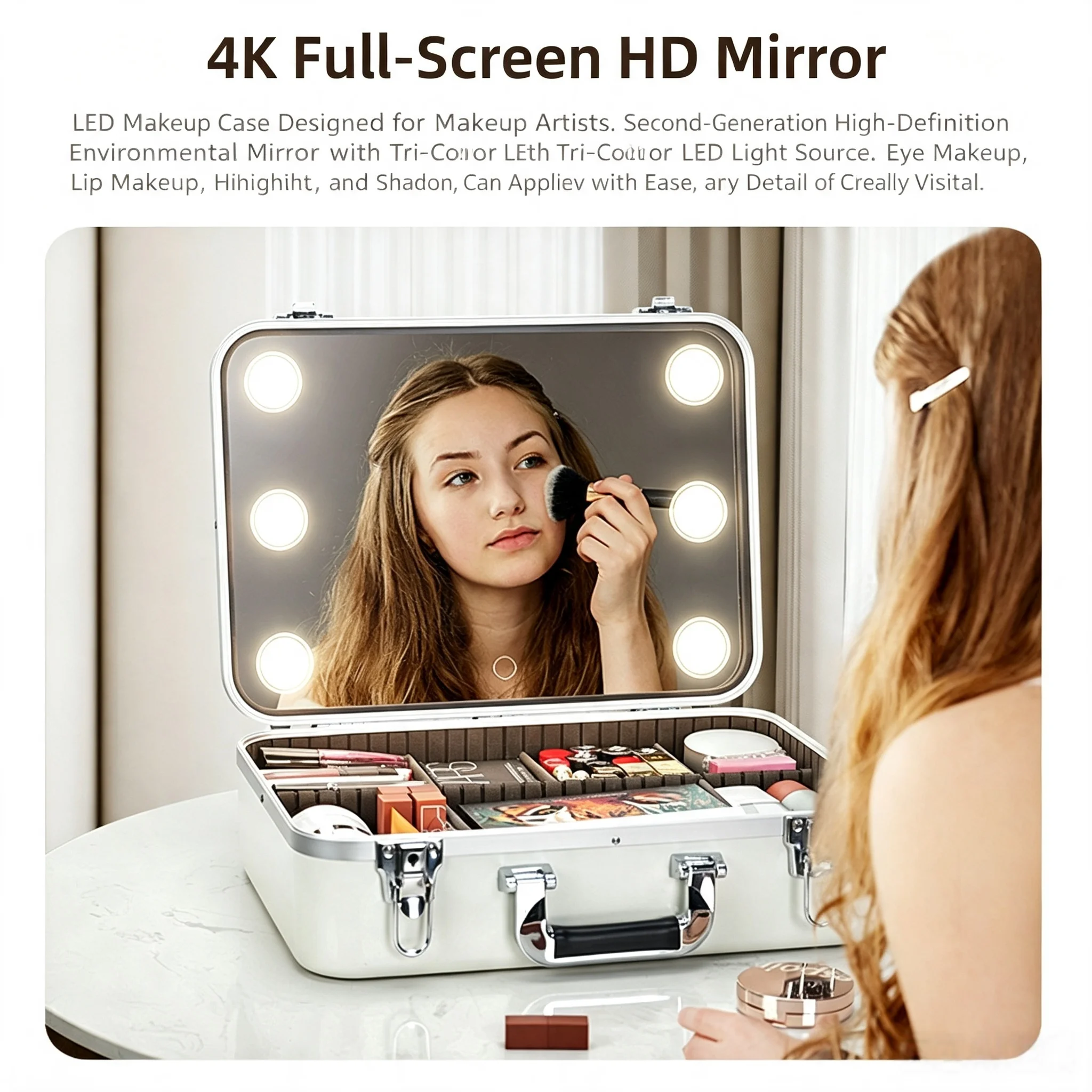 2026 Makeup Case With 6 LED Lights Luminated Mirror and Lock Large Portable Cosmetic Box for Professional Artists