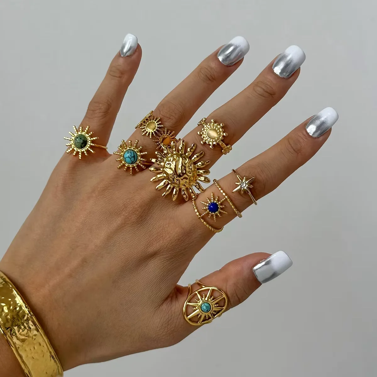 New Stainless Steel Exaggerated Sunflower Ring For Women Gold Color Vintage Stone Open Rings Punk Romantic Jewelry Gift Anillos