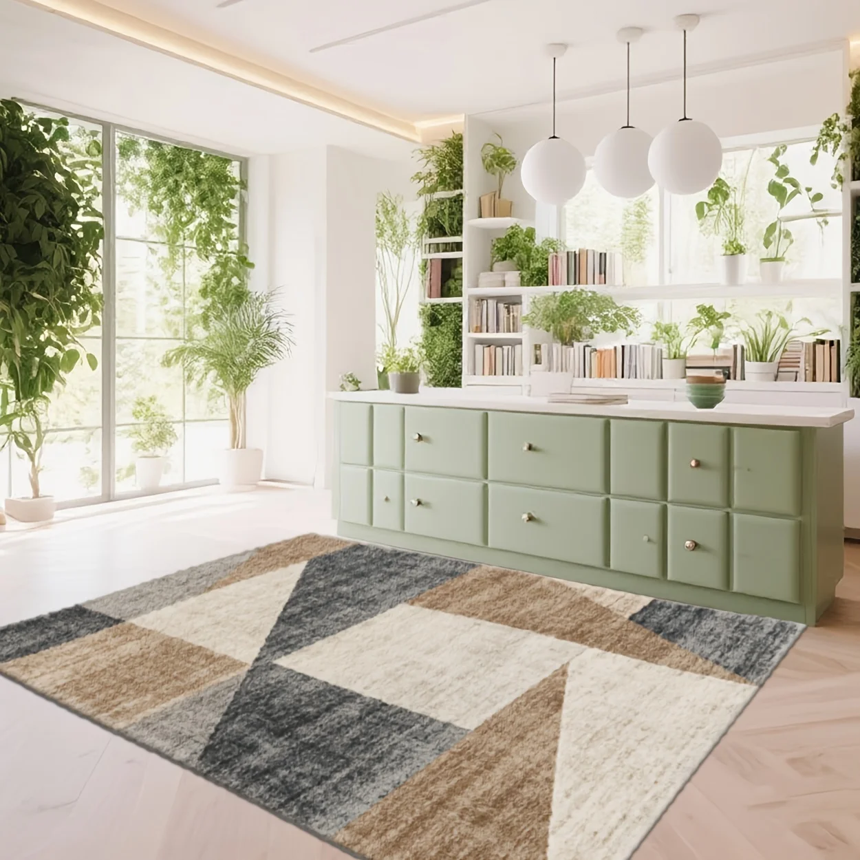 Brown Grey White Triangle Patchwork Area Rug Living Room Bedroom Floor Mat Non-Slip Soft Decorative Carpet