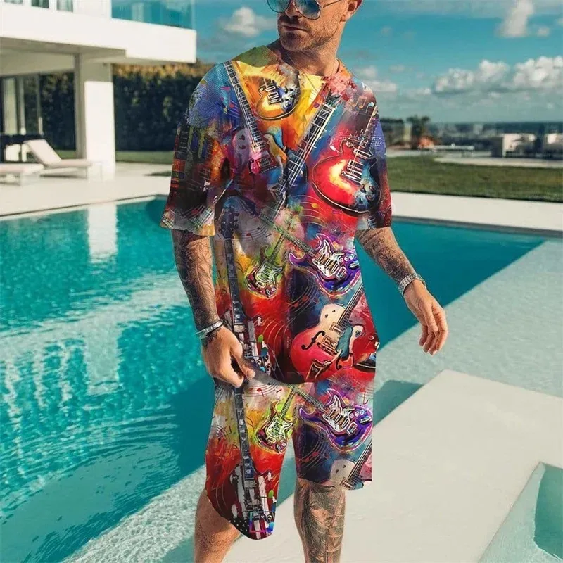 2025 3D Printed Retro Dragon Pattern Men's T-shirt Shorts Set Summer Trend Quick Drying Hawaiian Beach 2-piece Set