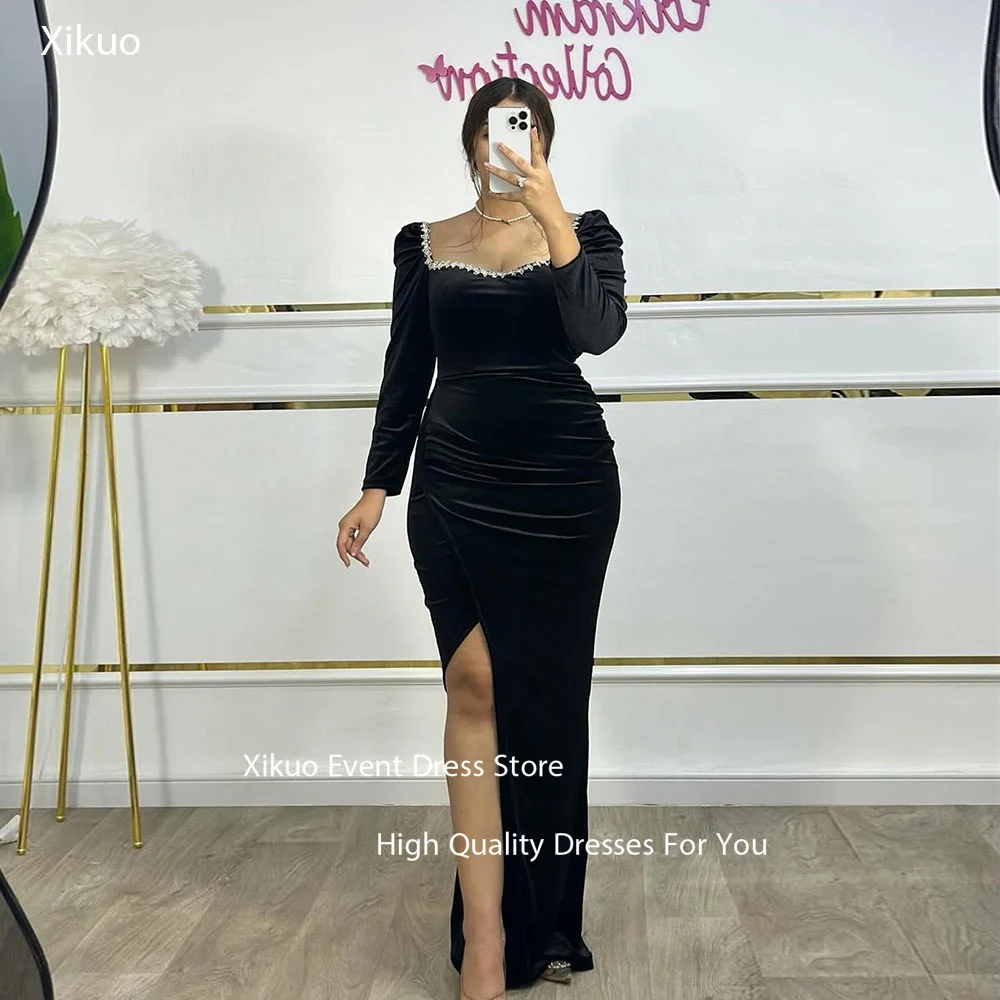 فساتين سهرة Xikuo كريستال مخملية بفتحة جانبية وفتحة رقبة مربعة رداء حفلات مكشكش حورية البحر فيستدوس دي نوش أنيقة مخصصة