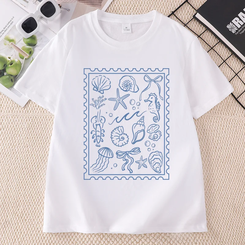 Coquette Seashell T-Shirt for Women Men Coastal Summer Tee Short Seeve Beachy Shell Swim Crewneck Tshirt Clothes