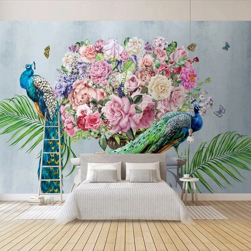 Custom 3D Wallpaper Vintage Pastoral Peacock Flower Plant Mural 3D Photo Living room sofa TV background wall bedroom restaurant
