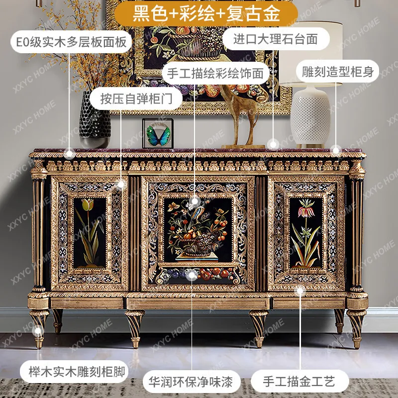 Classical art painted dining side cabinet villa luxury entrance cabinet solid wood carving flower shoe cabinet