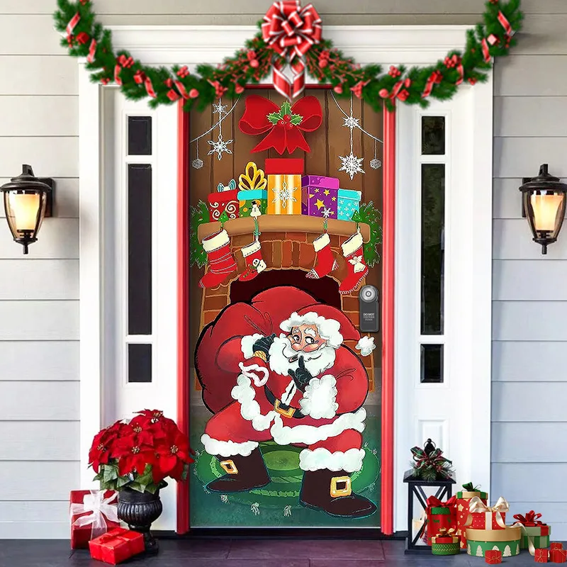 Christmas Door Cover Decoration Santa Claus New Year Xmas Background Decor Outdoor Photo Door Curtain Creative Hanging Blanket