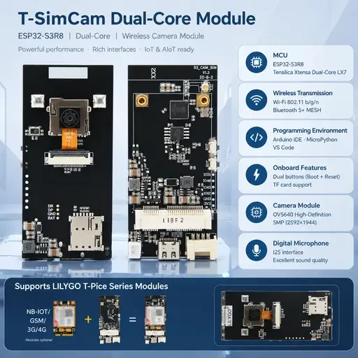 LILYGO T-SIMCAM ESP32-S3 CAM Board WiFi BLE5.0 OV2640/OV5640 Camera 8MB PSRAM 16MB Flash TF Card & I2S Microphone