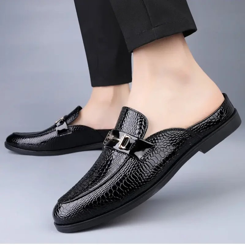 Men's slippers half drag summer new leather texture large size leather shoes men's slippers men