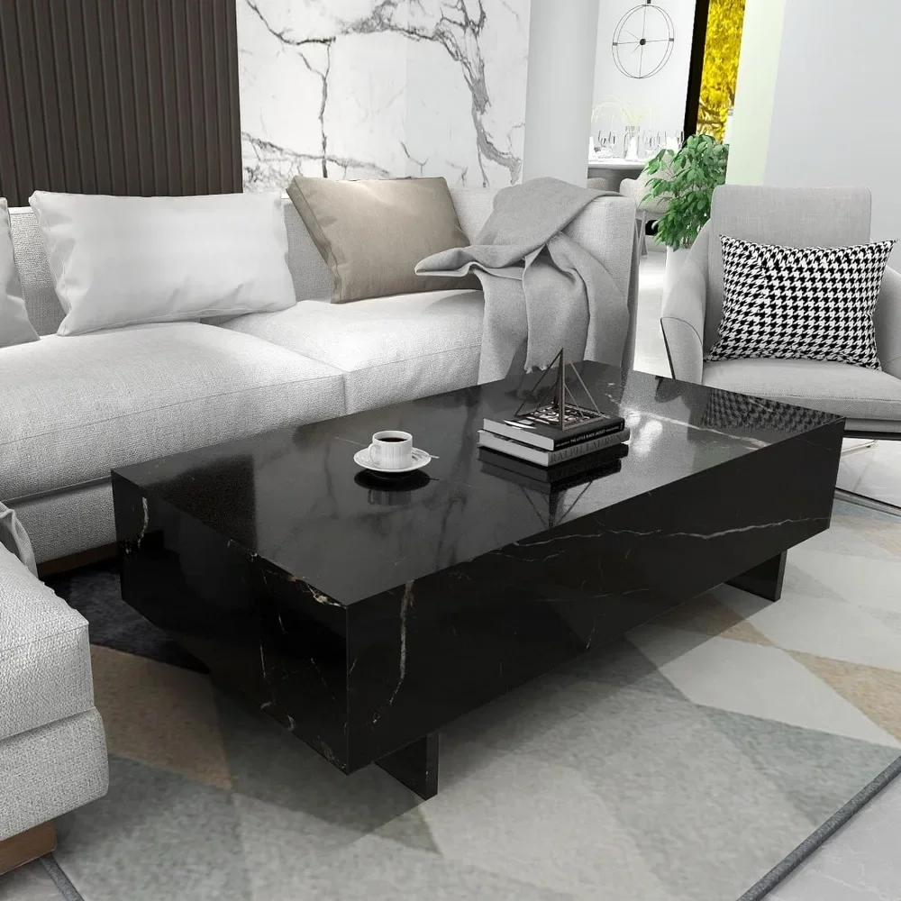 Coffee Tables Marble Rectangle For Living Room,Black Side Table,High Gloss Center For Waiting,41.3