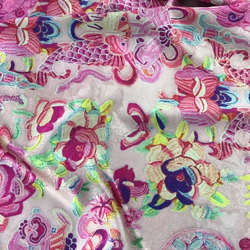 

Imitation Xiangyun Yarn Double Sided Jacquard Fabric Pink Yellow Double Happiness Koi Carp Silk Qipao Hanfu Dress Material