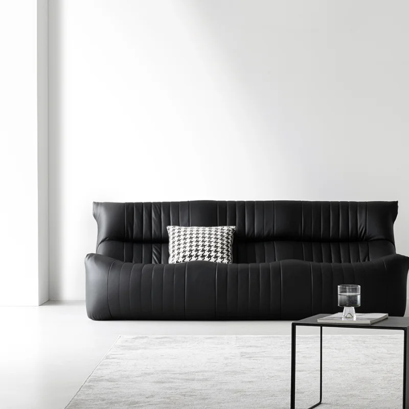 

Minimalist medieval black leather striped sofa lazy floor straight row sofa three people four people