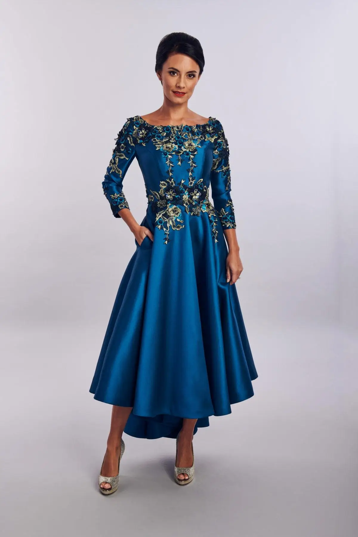 Robes mère de la mariée bleu sarcelle, longueur thé, avec manches longues, en dentelle florale, robe mère d'invité de mariage, 2022