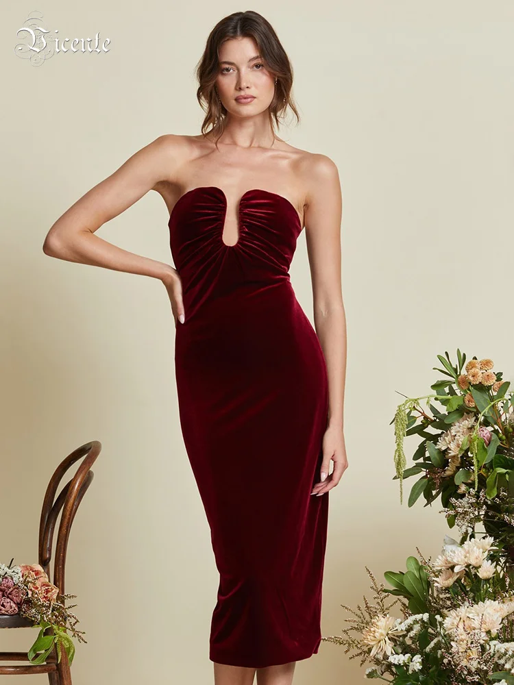 

VC Burgundy Deep V Neck Strapless Folds Midi Dress For Women Velvet Sleeveless Backless Mid-Calf Bodycon Evening Party Gowns