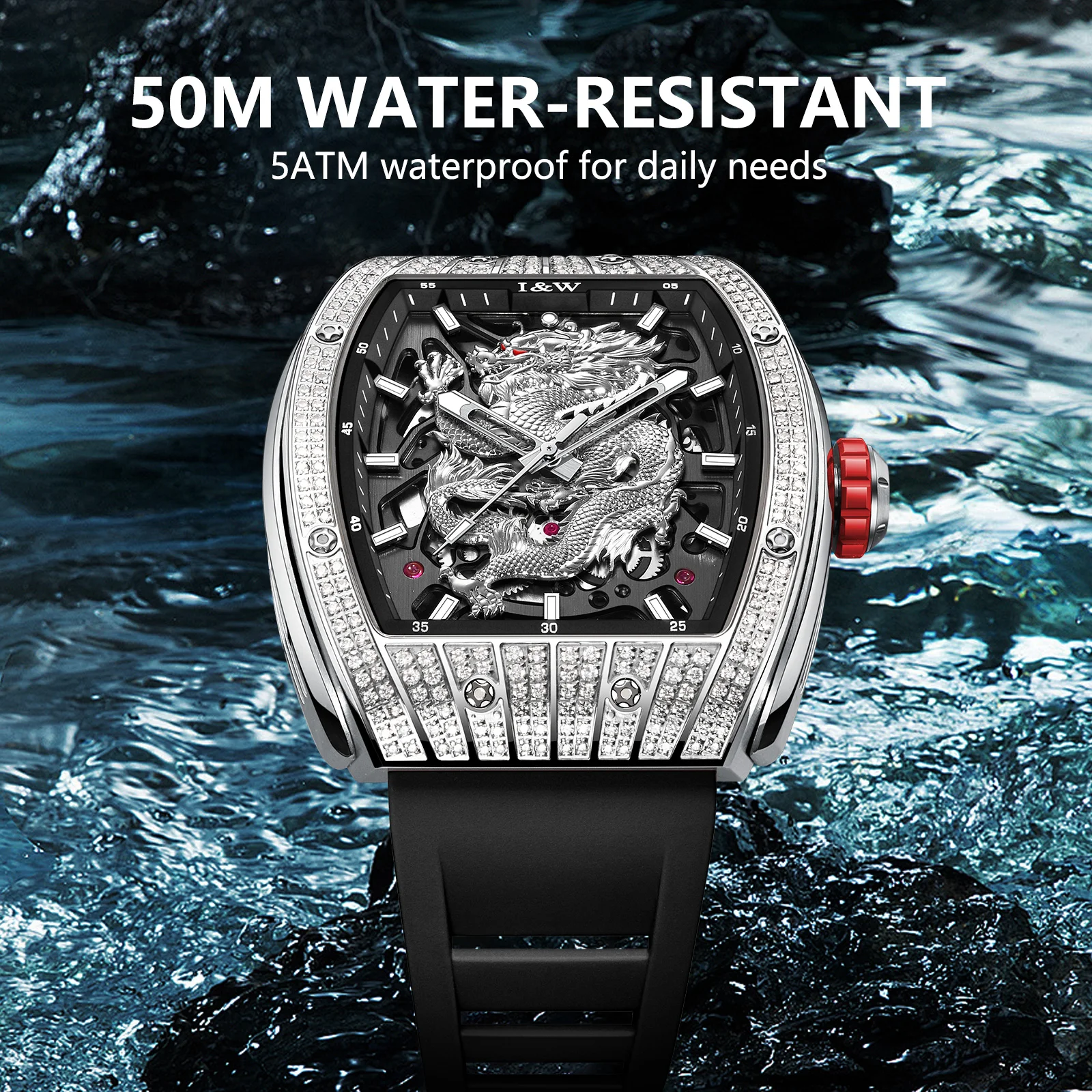 Men\'s Wine Barrel Fully Automatic Mechanical Watch,Luxury Sport Waterproof 50m Men Wristwatch with Hollow Star