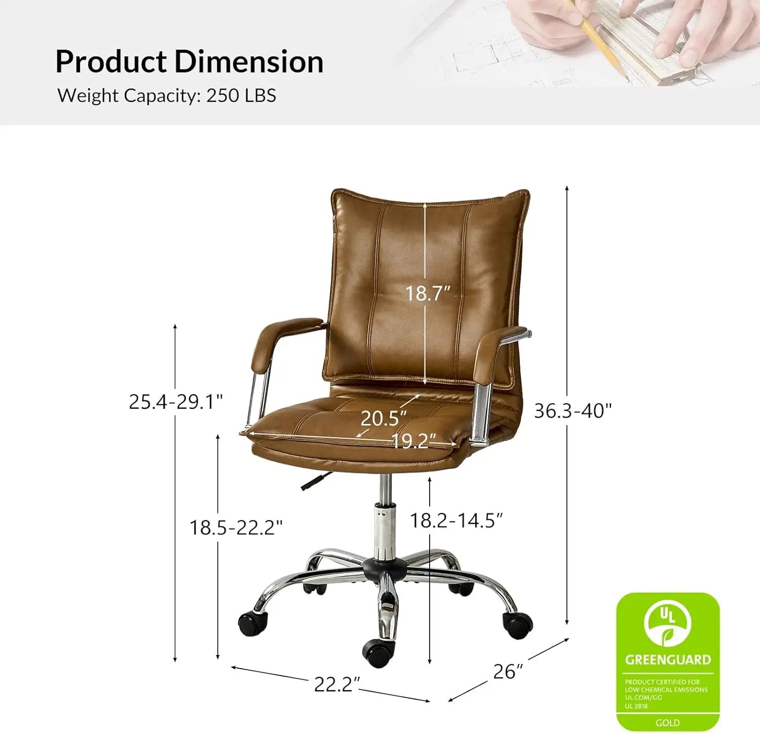 كرسي مكتب منزلي من الجلد الصناعي، كرسي كمبيوتر دوار قابل للتعديل مع أرجل وأذرع فضية، مريح منجد