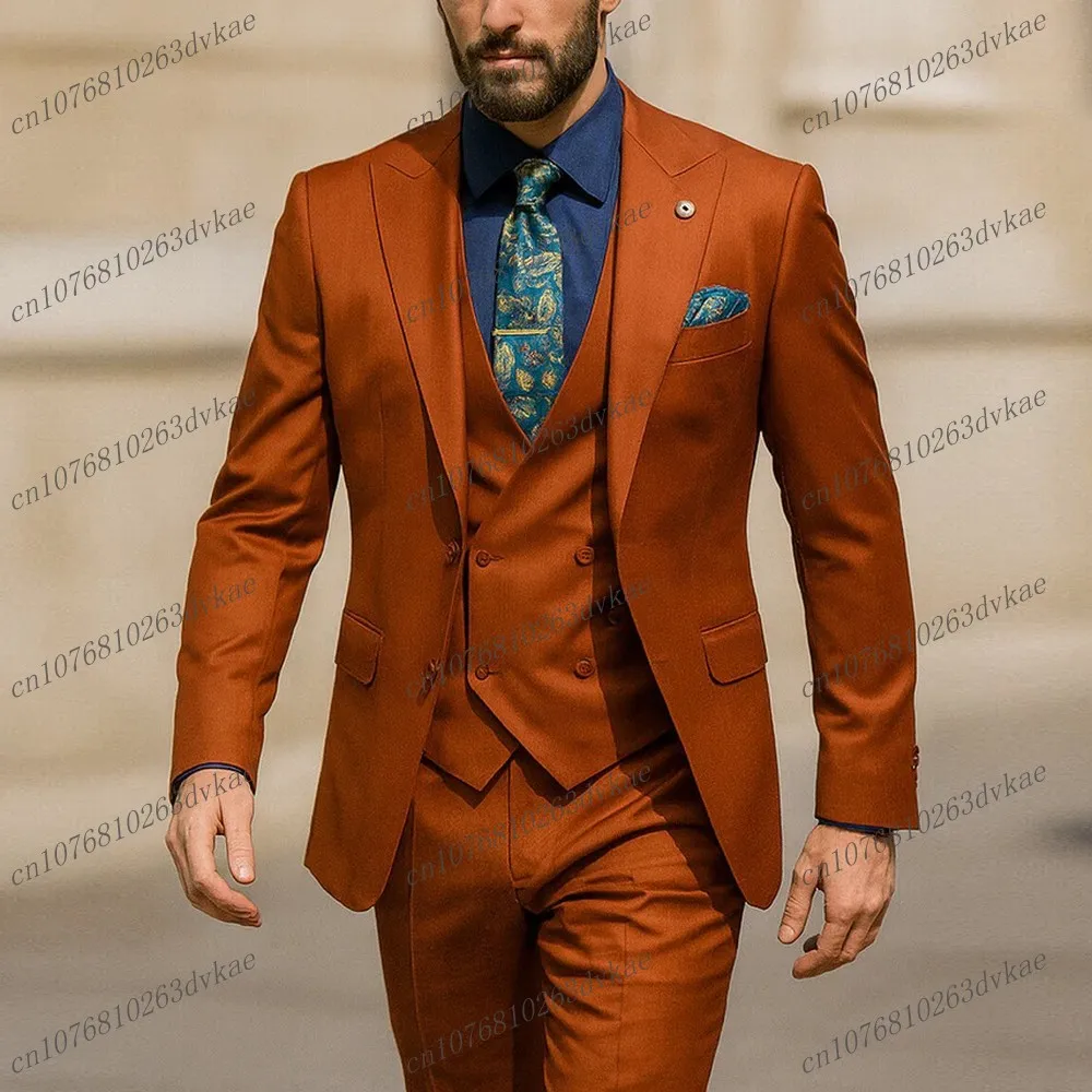 

New Dark Orange Men Business Suit Groom Groomsman Wedding Party Formal Prom Male Tuxedos 3 Piece Set Blazer Vest Pants