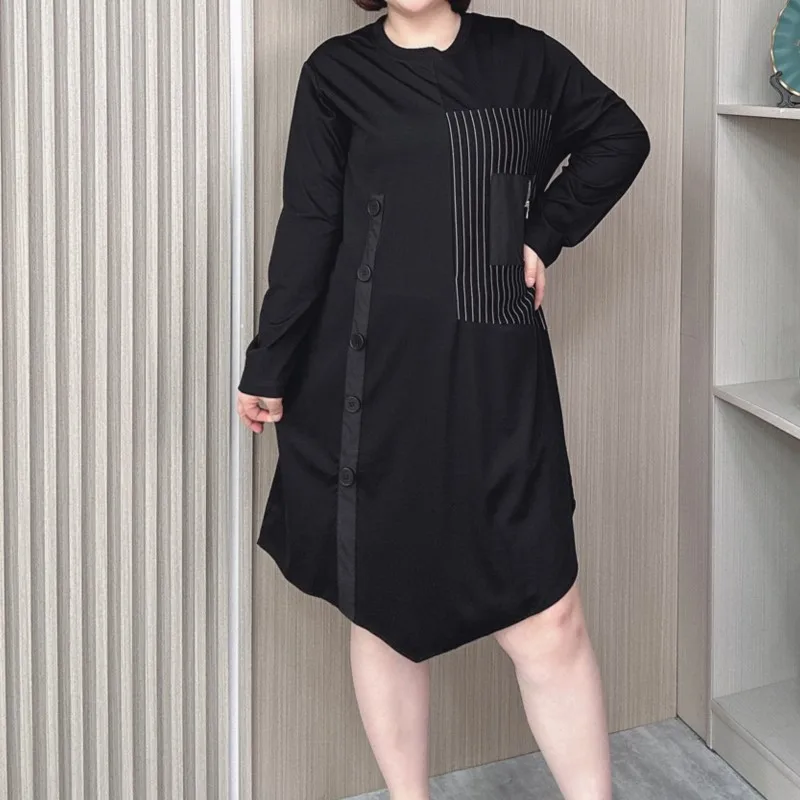 Women's Long Sleeve Irregular Hem Black Dress, Loose Zip Pocket, Button Decoration, Plus Size, Spring, Summer Fashion, 2024