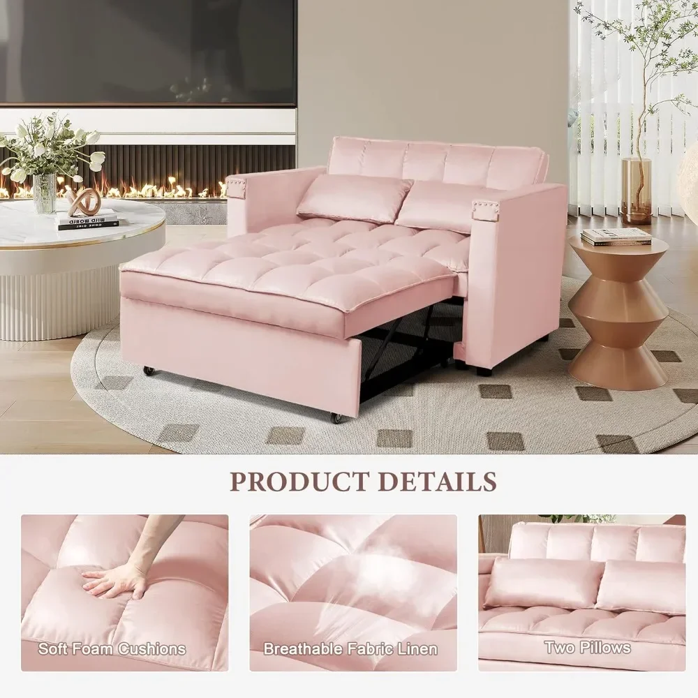 Convertible Futon Sofa Bed, 3-in-1 Multi-Functional Velvet Sleeper Couch Pull-Out with Backrest and Pillows, Sofa with 2 Seats