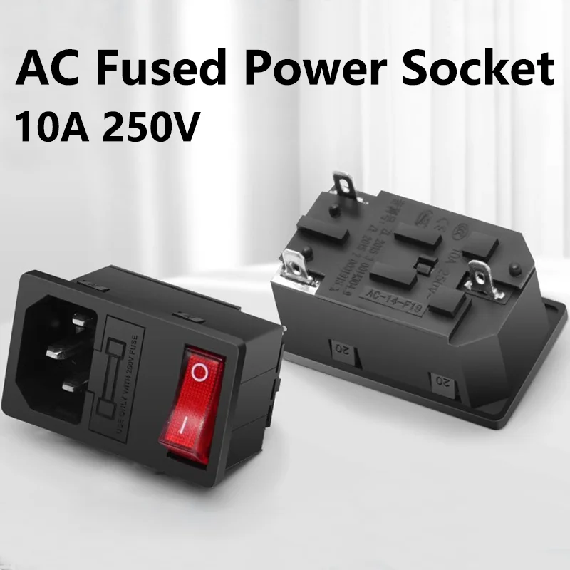 

10A 250V Red LED KCD3 Rocker Switch 3 Pins lEC320 C14 Panel Mounted AC Inlet Module Power Socket Connector Plug