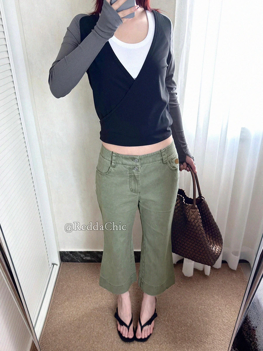 REDDACHiC Pantaloni bootcut corti da donna anni '90 Verde solido Estate Cleanfit Vita alta Doppio bottone Gamba larga Jeans casual Y2k Streetwear